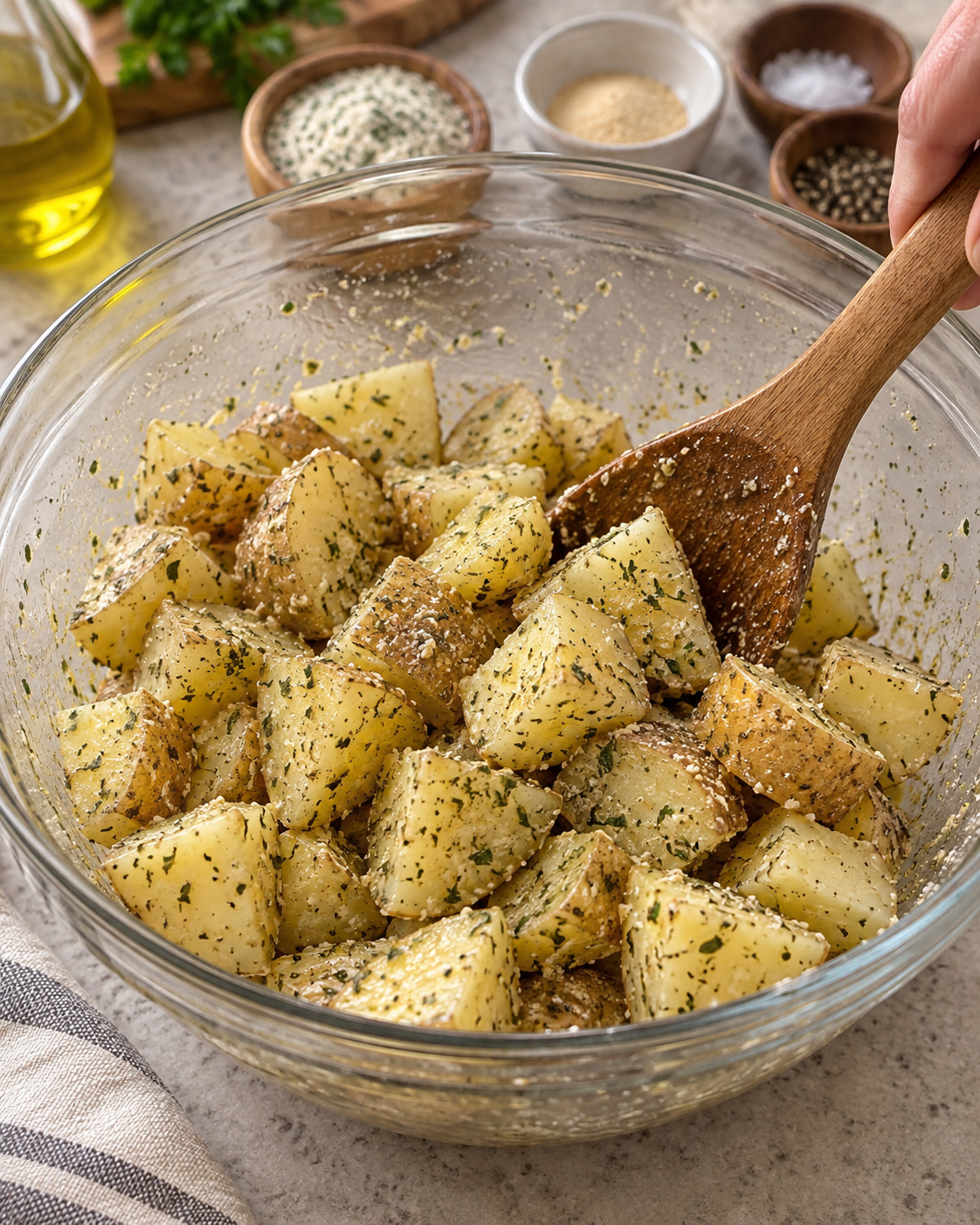 A wooden spoon is stirring cheesy ranch potatoes in a glass bowl.