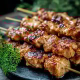 A plate of bang bang chicken skewers.