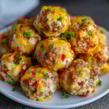 A plate of sausage cheese rotel balls.