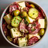 A bowl of marinated cheese antipasto.