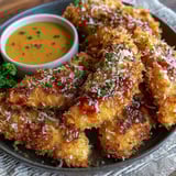 A plate of bang bang chicken with a dipping sauce.