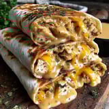 Two cheesy garlic chicken wraps on a wooden table.
