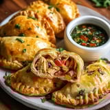 A plate of chicken empanadas with a bowl of sauce.