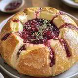 A baked brie in a bread bowl with cranberries on top.