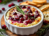 A bowl of cranberry brie dip with a sprig of rosemary on top.