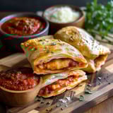 Three hot pockets on a wooden cutting board.