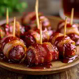 Bacon wrapped smokies on a wooden platter.