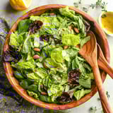 A wooden bowl filled with a green salad.