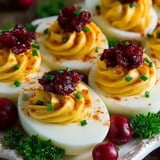 A plate of deviled eggs with cranberry twist.