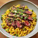 A bowl of noodles with steak and green onions.
