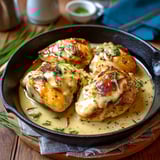 A pan of chicken with sauce and herbs.