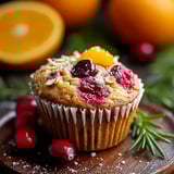 A muffin with orange and cranberry toppings.