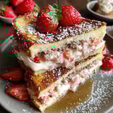 A stack of French toast with strawberries on top.