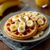A plate of waffles with bananas on top.