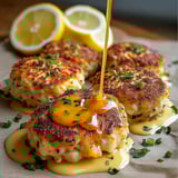 A plate of crab cakes with lemon butter drizzle.