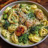 A bowl of garlic Parmesan chicken tortellini.