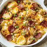 A dish of Pierogi Kielbasa Casserole.