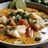 A bowl of fish soup with lime and cilantro.