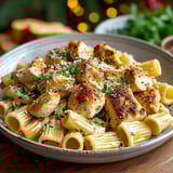A plate of garlic Parmesan chicken rigatoni.