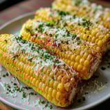 A plate of corn on the cob with cheese and garlic butter.