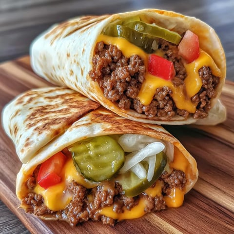 Two cheeseburger wraps with onions and pickles.