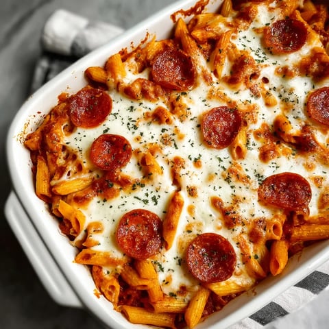 A baked dish with pasta and pepperoni.