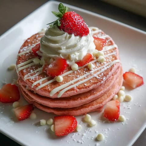 A plate of pancakes with strawberries and whipped cream.