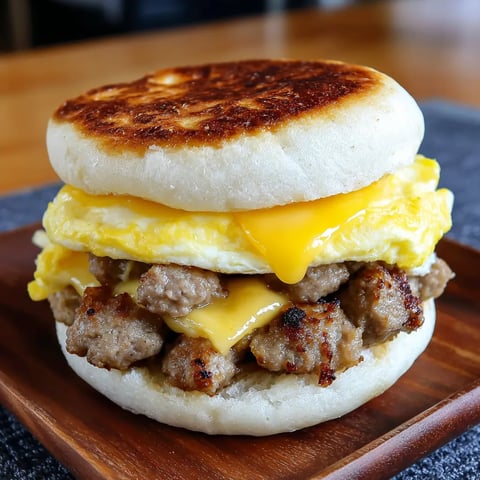 A breakfast sandwich with sausage, egg, and cheese.