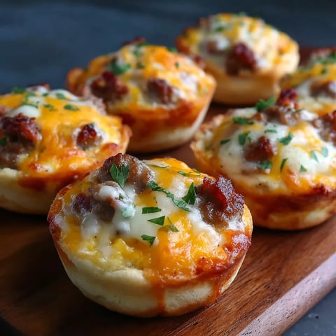 Breakfast pizza muffins on a wooden tray.