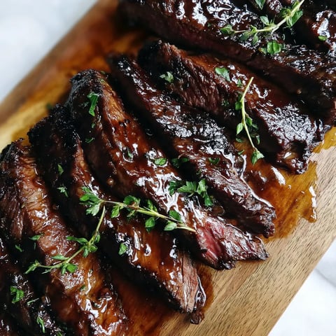 A skirt steak marinated in a sauce.
