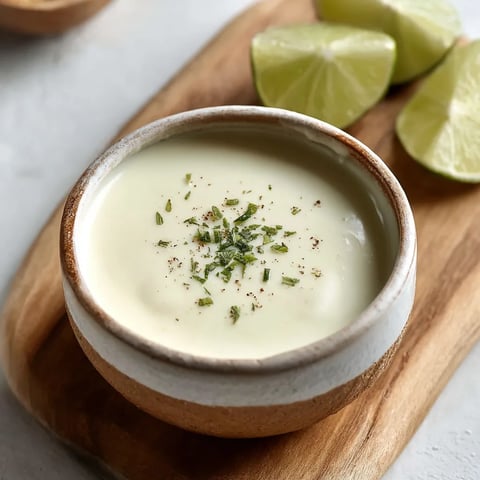 A bowl of cream sauce with limes on a wooden cutting board.