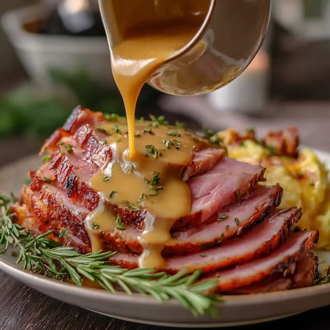 A plate of ham with gravy on it.