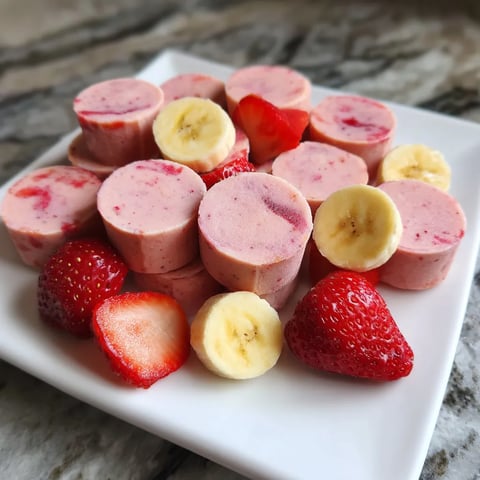 A plate of strawberry and banana smoothie bites for dogs.