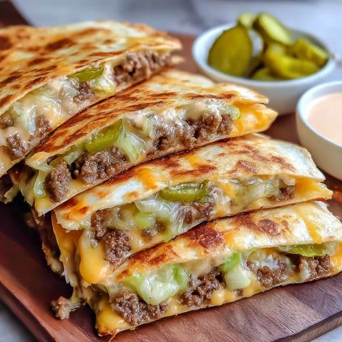 A cheeseburger quesadilla on a wooden cutting board.