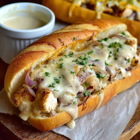 A white BBQ chicken sub with cheese and onions.