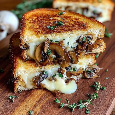 A grilled cheese sandwich with mushrooms on top.