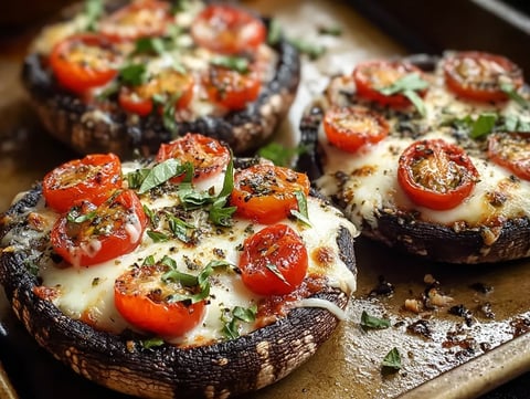 A plate of mushroom pizza bites with tomatoes and cheese.