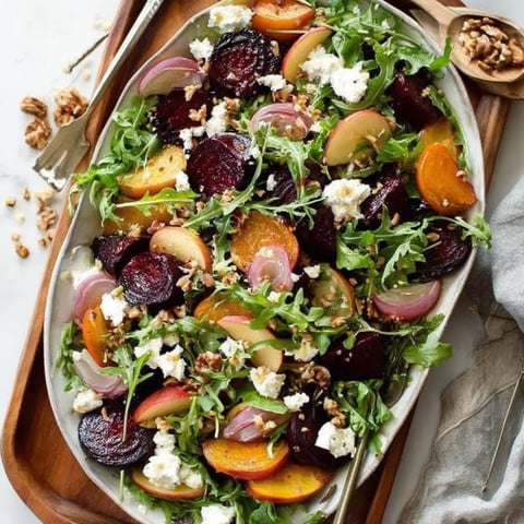 A salad with beets, spinach, and walnuts.