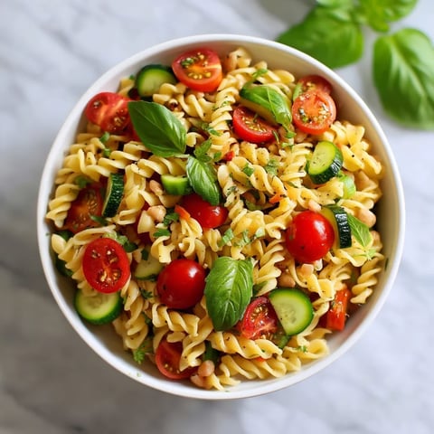 A bowl of pasta salad with tomatoes, cucumbers, and basil.